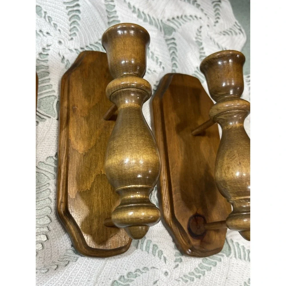 Vintage 70s Colonial Wood Wall Sconce Candle Holders Wooden Rustic Decor 3